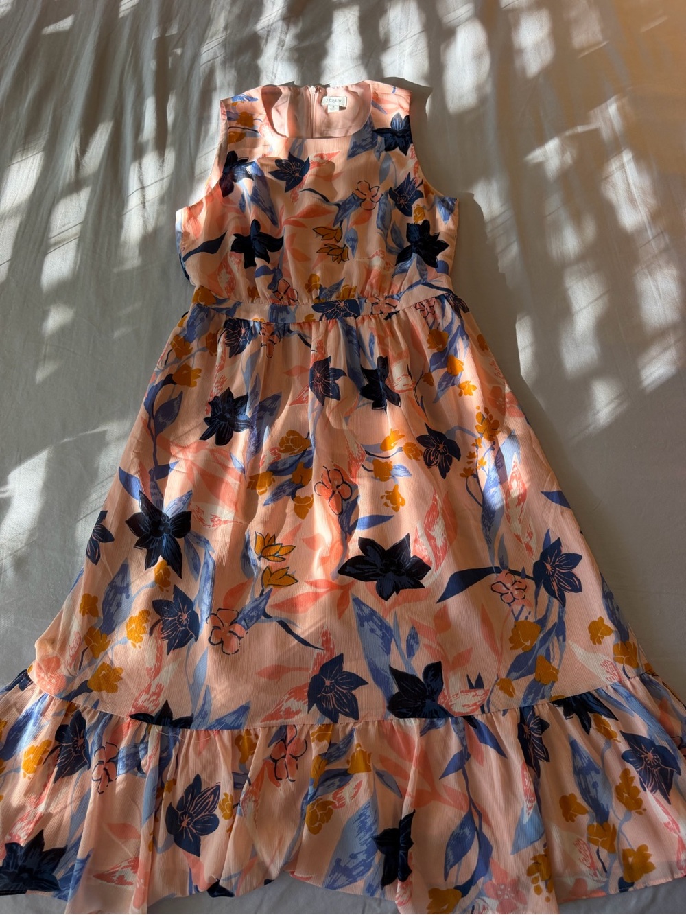 J. Crew Pink Floral Tiered Dress with Blue & Yellow Blooms